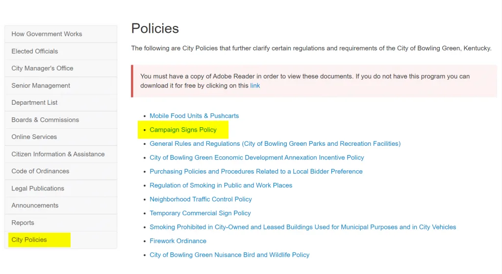 Political yard signs rules for bowling green ky