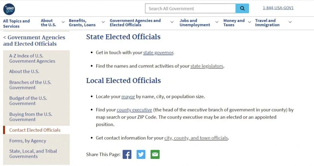 USA.gov has directories for federal, state, and local elected officials