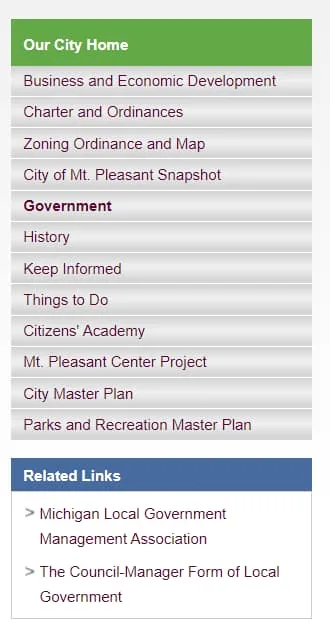 Screenshot of the menu bar from the Mount Pleasant, Michigan city website
