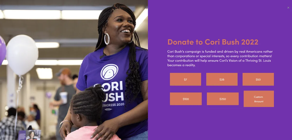 A still from Cori Bush’s political campaign website that shows of her tiered donation button options.
