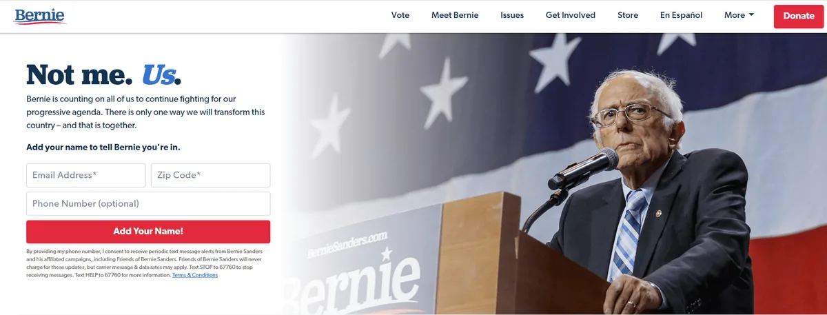 A screenshot from Bernie Sander’s political campaign website homepage that shows his effective, clear messaging coupled with a CTA to join a mailing list..
