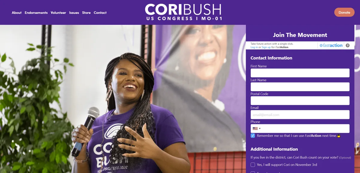 A screenshot of Cori Bush’s political campaign website that demonstrates her use of banner photo coupled with a call to action that signs people up for a mailing list.
