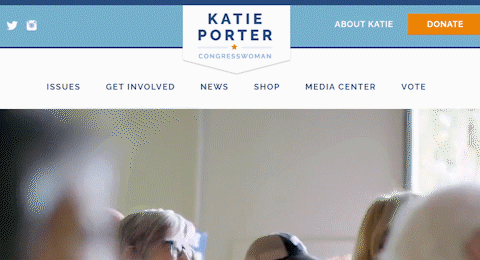 A gif of a scroll through Katie Porter’s political campaign website to show the dynamic video she uses on her home page and how she incorporates a tiered donate button with the video banner.