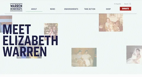 A gif from Elizabeth Warren’s political campaign website that demonstrates how she uses slides shows and interactive text on her About page.